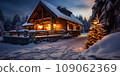 a cozy wooden chalet decorated for the new year in the snow-covered forest 109062369