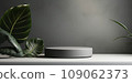 Mockup of empty gray podium. Exhibition gallery stage, studio showroom round base or fashion showcase platform realistic background.  109062373