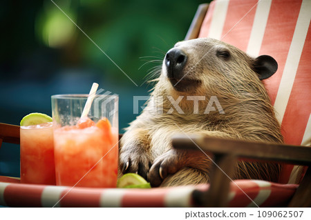 Capybara lying on a lounge chair by the pool, with watermelon juice Capybara lying on a lounge chair by the pool, with watermelon juice 109062507