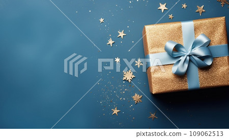 Christmas decorations on blue background, top view with space for text 109062513