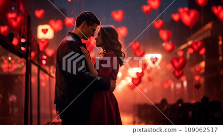 Beautiful young couple kissing in winter weather outdoors, enjoying spending time together while celebrating Saint Valentine's Day and air balloons in shape of heart on the background. Beautiful young couple kissing in winter weather outdoors, enjoying spending time together while celebrating Saint Valentine's Day and air balloons in shape of heart on the background. 109062517