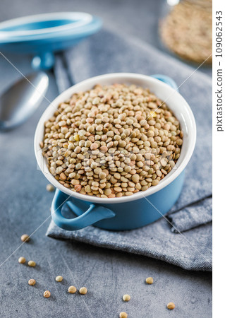 Uncooked lentil legumes in blue pot on kitchen table. Uncooked lentil legumes in blue pot on kitchen table. 109062543