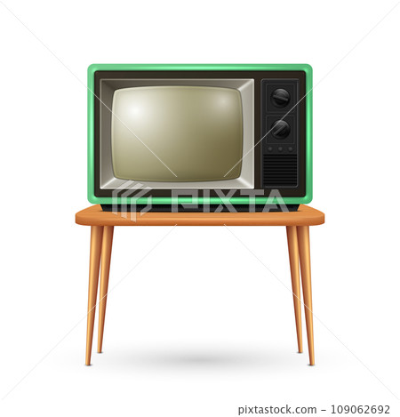 Vector Realistic Retro TV Receiver Isolated on White Background. Home Interior Design Concept. Vintage TV Set in Front View. Television Concept 109062692
