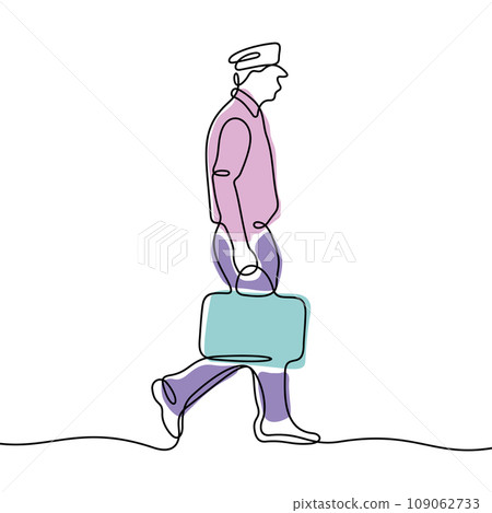 Man in pilot uniform one line illustration Man in pilot uniform one line illustration 109062733