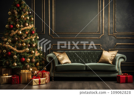 Christmas background with Christmas tree, gifts and sofa against a wall Christmas background with Christmas tree, gifts and sofa against a wall 109062828