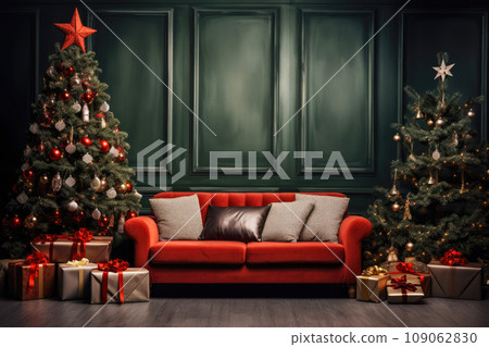 Christmas background with Christmas tree, gifts and sofa against a wall Christmas background with Christmas tree, gifts and sofa against a wall 109062830