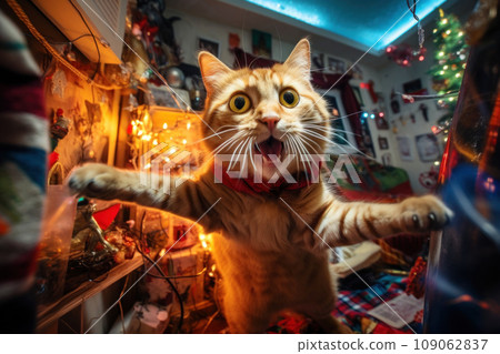 A cat left alone at home wreaks havoc in a room decorated for Christmas 109062837