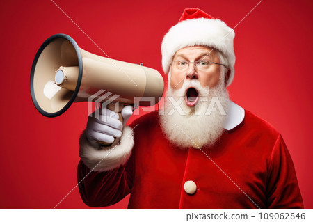 Santa Claus with megaphone on red background. Santa Claus with megaphone on red background. 109062846