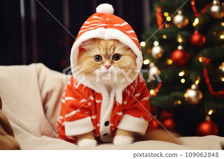 A cat in Christmas costume against merry holiday background with Christmas tree A cat in Christmas costume against merry holiday background with Christmas tree 109062848
