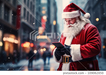 Santa Claus uses a smartphone to order gifts and use GPS to find addresses Santa Claus uses a smartphone to order gifts and use GPS to find addresses 109062850