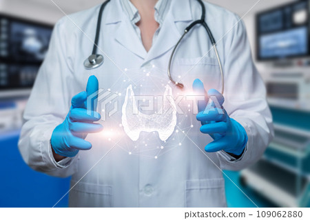 The doctor shows a sketch of the thyroid gland. 109062880