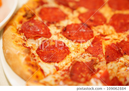 Close-up of pepperoni pizza.  109062884