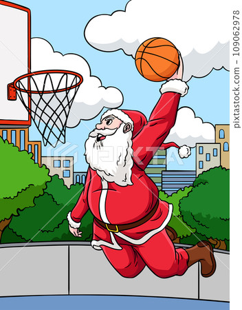Basketball Santa Slam Dunk Colored Cartoon I 109062978