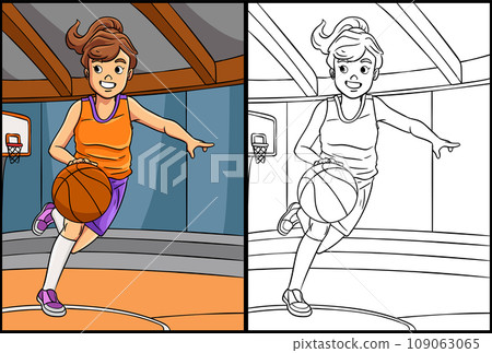 Basketball Girl Dribbling Coloring Illustration 109063065