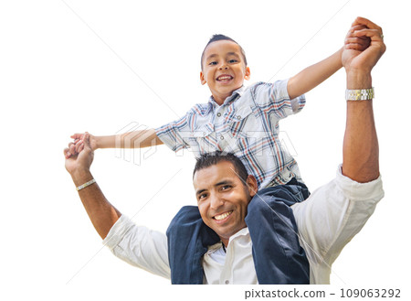 Happy Young Hispanic Boy Having Fun Piggyback On His Dads Shoulders Isolated on White. 109063292