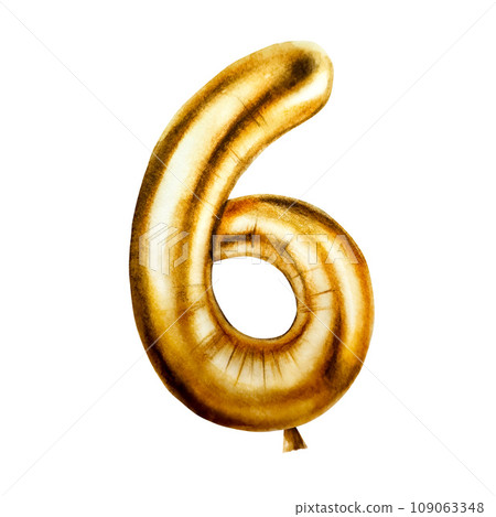 Watercolor golden foil balloon digit 6. Hand drawn birthday party number decoration isolated on white background. Shiny element for designers, prints, baby shower, postcards, wrapping paper, holiday 109063348