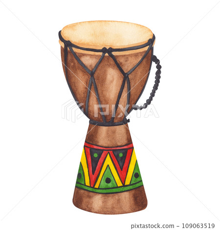 African drum tam tam, djembe, Bongo, conga, musical instrument with traditional ornaments. Kwanzaa holiday. Black history month. Hand drawn watercolor illustration isolated background. African drum tam tam, djembe, Bongo, conga, musical instrument with traditional ornaments. Kwanzaa holiday. Black history month. Hand drawn watercolor illustration isolated background. 109063519