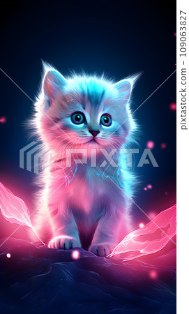 Adorable kitten with blue, white, and pink lights - neon lighting effect - Generative AI 109063827