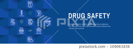 Pharmaceuticals and medications icon set with web header banner for FDA Approval 109063836