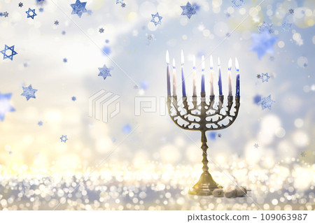 Happy Hanukkah. Candles lit in menorah. 109063987