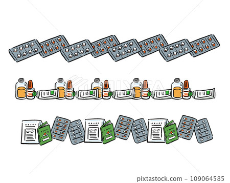 A set of line illustrations related to various medicines and medicines 109064585