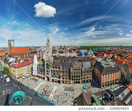 Aerial fish eye view of Munich - Marienplatz, Neues Rathaus and Frauenkirche from St. Peter's church. Munich, Germany Aerial fish eye view of Munich - Marienplatz, Neues Rathaus and Frauenkirche from St. Peter's church. Munich, Germany 109064903
