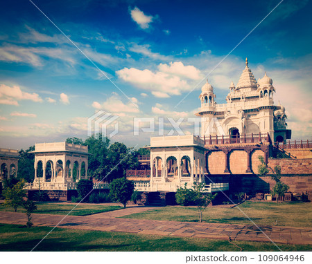 Vintage retro hipster style travel image of Jaswanth Thada mausoleum, Jodhpur, Rajasthan, India 109064946