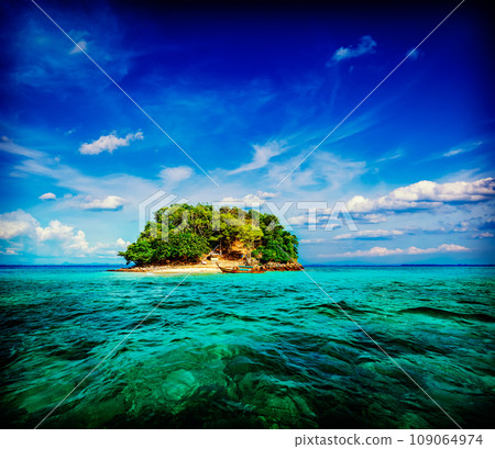 Vintage retro hipster style travel image of vacation holidays concept background - tropical island and long-tail boat in sea. Thailand Vintage retro hipster style travel image of vacation holidays concept background - tropical island and long-tail boat in sea. Thailand 109064974