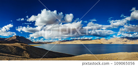 Panorama of Himalayan lake Tso Moriri in Himalayas on sunset, Korzok, Ladakh, India 109065056