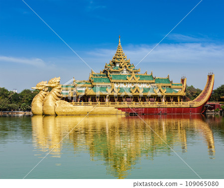 Yangon icon landmark and tourist attraction Karaweik - replica of a Burmese royal barge at Kandawgyi Lake, Yangon, Myanmar Burma Yangon icon landmark and tourist attraction Karaweik - replica of a Burmese royal barge at Kandawgyi Lake, Yangon, Myanmar Burma 109065080