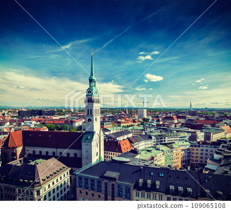 Vintage retro effect filtered hipster style travel image of aerial view of Munich and St. Peter Church - Marienplatz and Altes Rathaus, Bavaria, Germany Vintage retro effect filtered hipster style travel image of aerial view of Munich and St. Peter Church - Marienplatz and Altes Rathaus, Bavaria, Germany 109065108