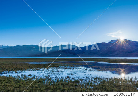 Lake Tso Moriri in Himalayas on sunrise. Ladakh, Inda Lake Tso Moriri in Himalayas on sunrise. Ladakh, Inda 109065117