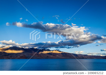 Himalayan mountain lake in Himalayas Tso Moriri on sunset, Korzok, Ladakh, India 109065212