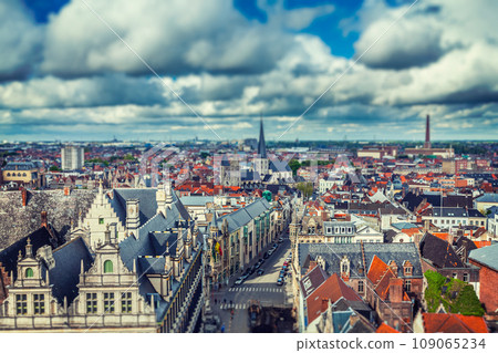 Vintage retro hipster style travel image of aerial view of Ghent from Belfry. Ghent, Belgium with tilt shift toy effect shallow depth of field 109065234