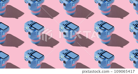 Pattern with SLR camera on pastel color background Pattern with SLR camera on pastel color background 109065417