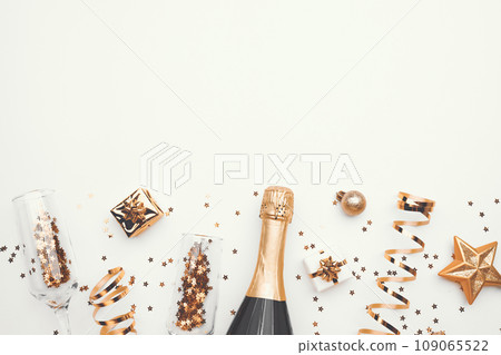 Christmas background with golden decoration on white background, space for text 109065522