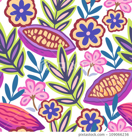 Colorful tropical seamless pattern. Abstract psychedelic motif with plant and floral elements. Joyful print for design. Vector illustration Colorful tropical seamless pattern. Abstract psychedelic motif with plant and floral elements. Joyful print for design. Vector illustration 109066236