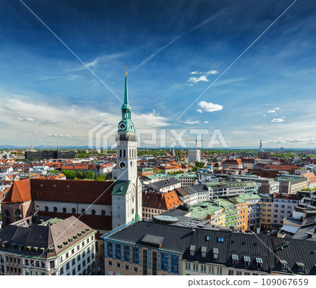 Aerial view of Munich and St. Peter Church - Marienplatz and Altes Rathaus, Bavaria, Germany Aerial view of Munich and St. Peter Church - Marienplatz and Altes Rathaus, Bavaria, Germany 109067659
