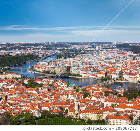 Aerial view of Charles Bridge over Vltava river and Old city from Petrin hill Observation Tower. Prague, Czech Republic 109067718