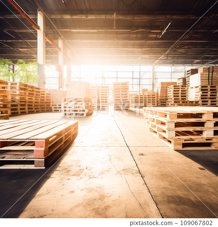 Wooden pallets are stacked in a bright, spacious warehouse Wooden pallets are stacked in a bright, spacious warehouse 109067802