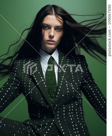 Stylish fashion portrait of female model in suit with tie with long flowing hair Stylish fashion portrait of female model in suit with tie with long flowing hair 109067886