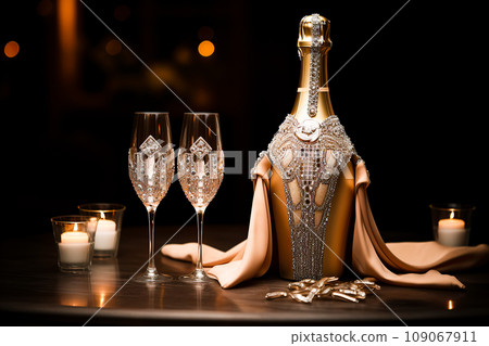 crystal bottle and glasses made of crystal decorated with precious stones. crystal bottle and glasses made of crystal decorated with precious stones. 109067911
