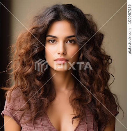 Portrait of an attractive beautiful young woman with long curly brown hair 109067926