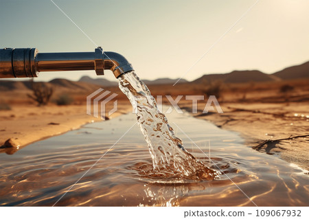 water flowing from a tap into the sand in the desert.  109067932