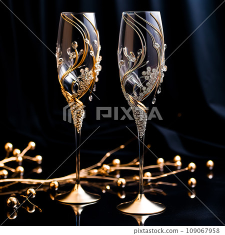 handmade crystal glasses on a graceful stem inlaid with gold  109067958