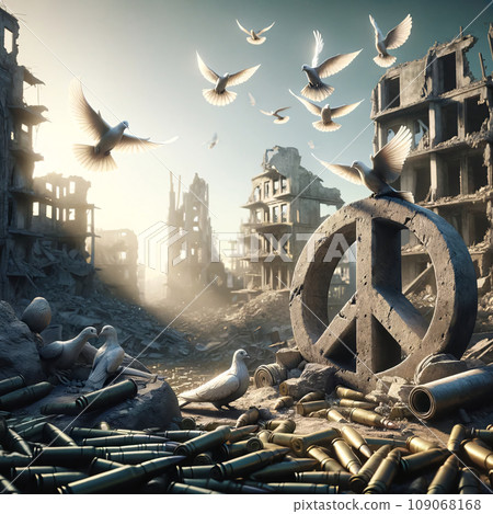 Doves Over City Ruins with Old Peace Monument 109068168