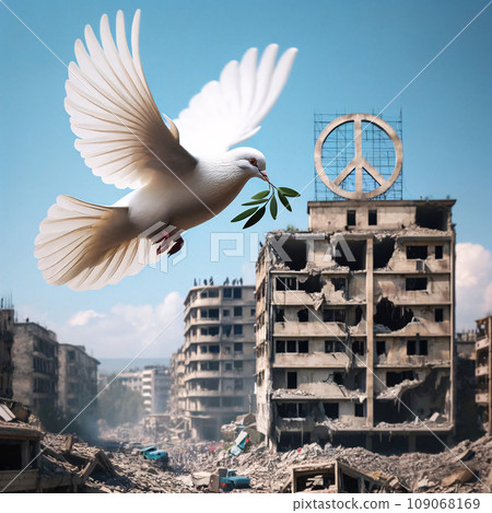 White Dove of Peace Over War-Torn Cityscape White Dove of Peace Over War-Torn Cityscape 109068169
