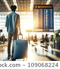 A traveler stands poised with a large blue bag 109068224