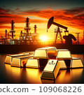 Sunset Silhouette of Oil Pumping Station with Gold Wealth 109068226