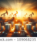 Golden Sunset Over Oil Facility with Fuel Tanks 109068235
